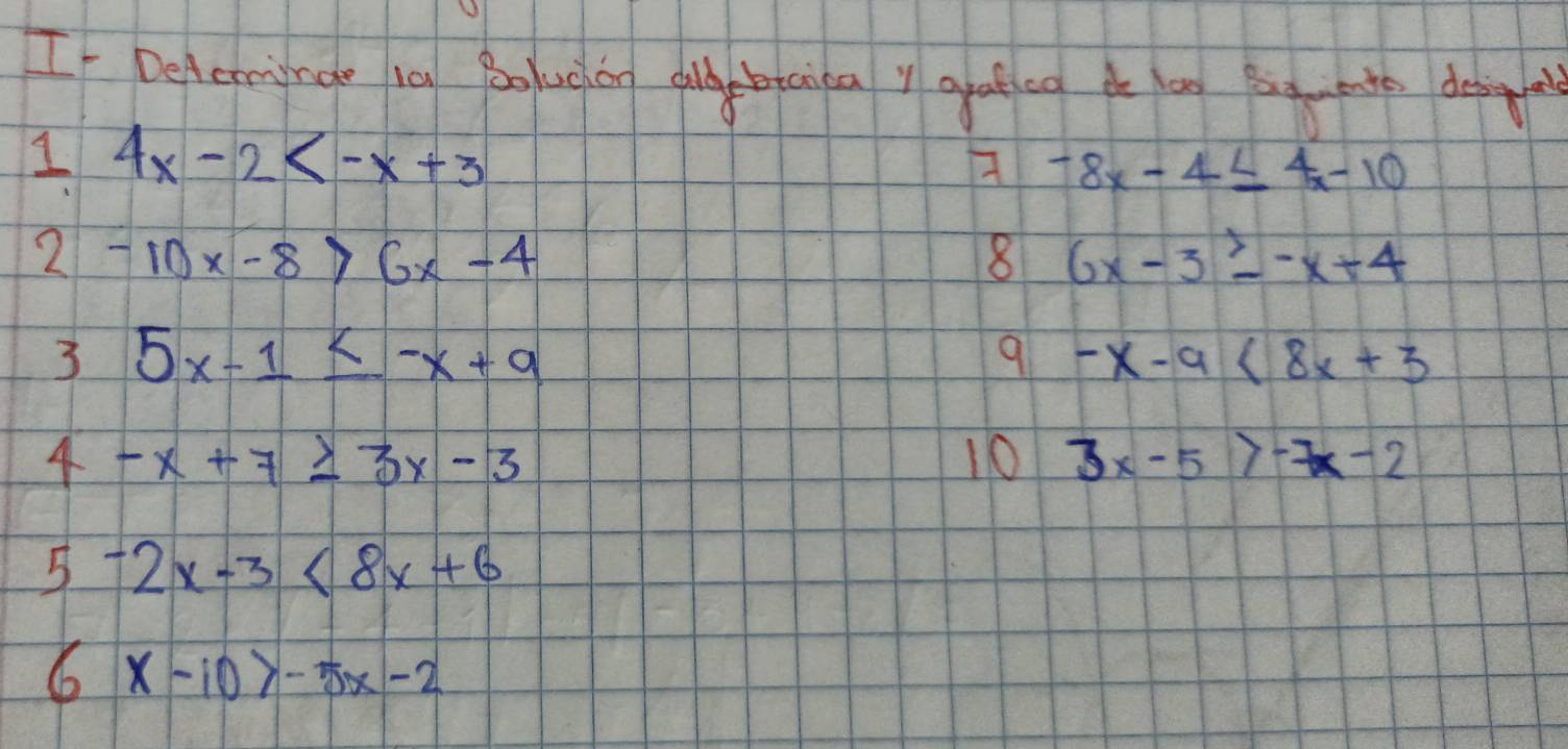 If Deleminge i0 Boludiag cill btaica y aatled do loo Bg tato desgal
1 4x-2
A -8x-4≤ 4x-10
2 -10x-8>6x-4
8 6x-3≥ -x+4
3 5x-1≤ -x+9
9 -x-a<8x+3
4 -x+7≥ 3x-3
10 3x-5>-7x-2
5 -2x-3<8x+6
6 x-10>-5x-2