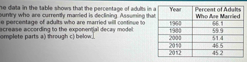 he data in the table shows that the percentage of adults in 
ountry who are currently married is declining. Assuming tha 
he percentage of adults who are married will continue to 
ecrease according to the exponential decay model: 
omplete parts a) through c) below