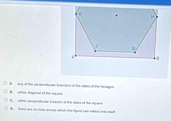 A. any of the perpendicular bisectors of the sides of the hexagon
B. either diagonal of the square
C. either perpendicular bisector of the sides of the square
D. there are no lines across which this figure can reflect onto itself