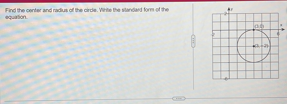 Find the center and radius of the circle. Write the standard form of the 
equation.