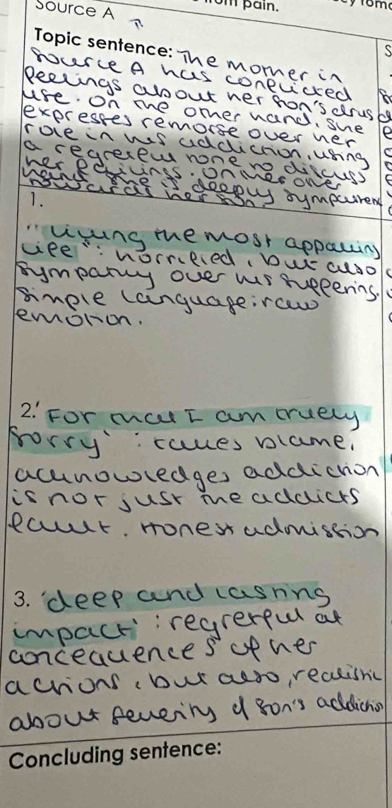 The morner in 
hource A has conpuced 
Reelings aoout her hon's darus bg 
use on the omer wand, sue e 
expresses remorse over her 
roie in ws addiction using 
a cegreew nose nodicuss 
her Rdivinss. onmesower 
MeAI e Ideepl sympurrer 
NWurdS heI Sn 
1. 
"usungine most appauing 
uee:worreed. wi- cuso 
symparry over wis sueeenins. 
Fnere language:rcew 
lemoron. 
2. For mae I am oruery 
horry:caues pame. 
accnowiedges addichion 
is nor just meaduicts 
eaurt. monest admistion 
deep and casrins 
impacti;regrerful at 
aoncequence s ofner 
acrionsbut alro, realisnc 
about sevening a son's addicion