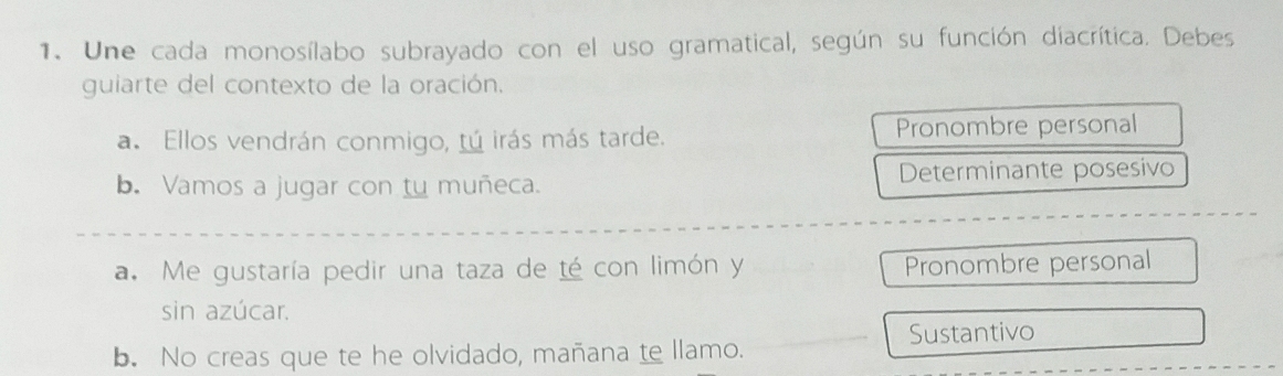 Une cada monosílabo subrayado con el uso gramatical, según su función diacrítica. Debes
guiarte del contexto de la oración.
a. Ellos vendrán conmigo, tú irás más tarde. Pronombre personal
b. Vamos a jugar con tu muñeca. Determinante posesivo
a. Me gustaría pedir una taza de té con limón y Pronombre personal
sin azúcar.
b. No creas que te he olvidado, mañana te llamo. Sustantivo