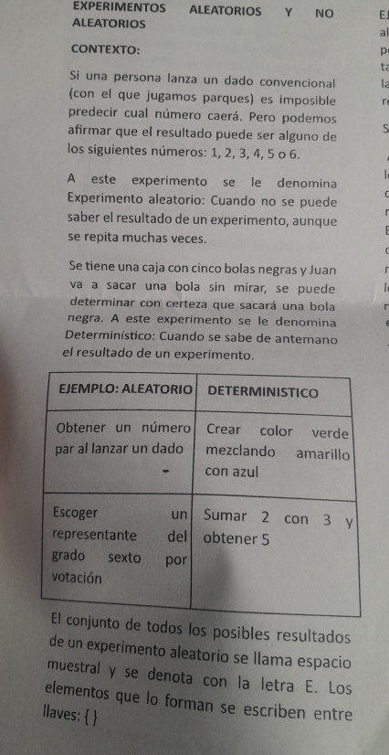 EXPERIMENTOS ALEATORIOS Y NO E 
ALEATORIOS 
al 
CONTEXTO: p 
ta 
Si una persona lanza un dado convencional la 
(con el que jugamos parques) es imposible r 
predecir cual número caerá. Pero podemos 
afirmar que el resultado puede ser alguno de 
los siguientes números: 1, 2, 3, 4, 5 o 6. 
A este experimento se le denomina 
Experimento aleatorio: Cuando no se puede 
saber el resultado de un experimento, aunque 
se repita muchas veces. 
Se tiene una caja con cinco bolas negras y Juan 
va a sacar una bola sin mirar, se puede 
determinar con certeza que sacará una bola 
negra. A este experimento se le denomina 
Determinístico: Cuando se sabe de antemano 
el resultado de un experimento. 
todos los posibles resultados 
de un experimento aleatorio se llama espacio 
muestral y se denota con la letra E. Los 
elementos que lo forman se escriben entre 
llaves:  