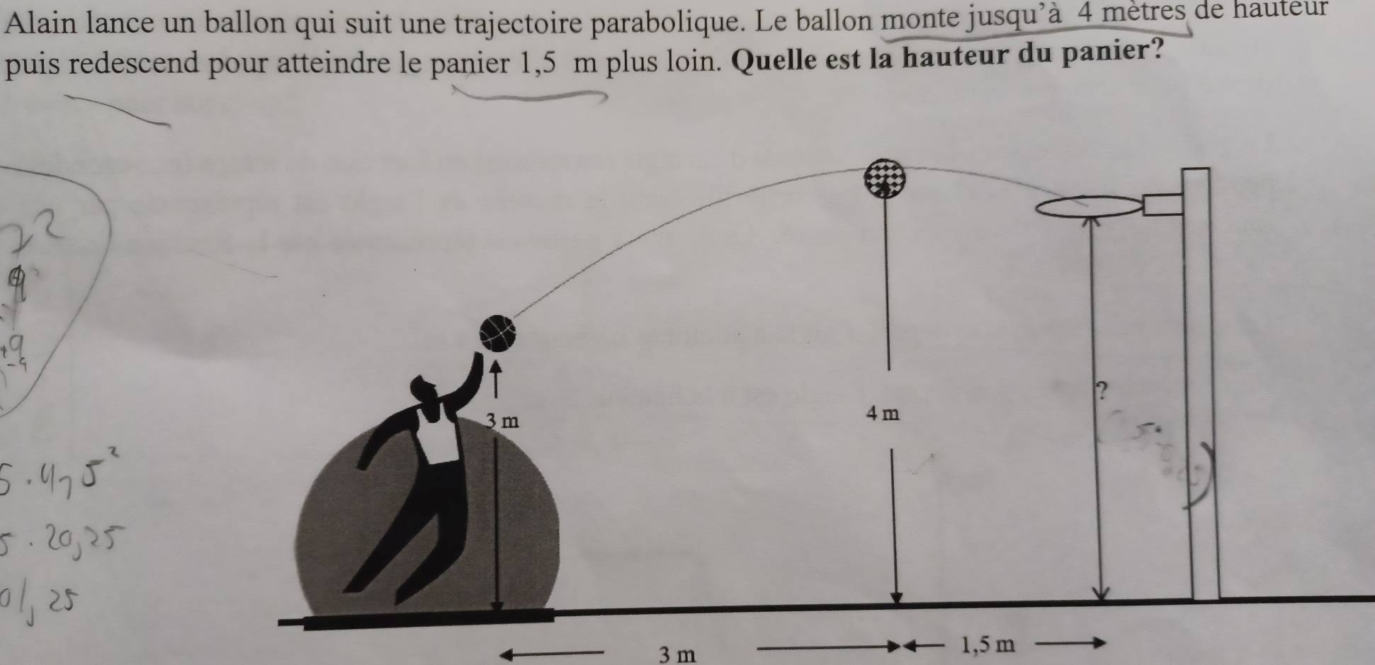 Alain lance un ballon qui suit une trajectoire parabolique. Le ballon monte jusqu'à 4 mètres de hauteur 
puis redescend pour atteindre le panier 1,5 m plus loin. Quelle est la hauteur du panier?
3 m 1,5 m