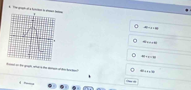 The graph of a function is shownow
-40
-40≤ x≤ 60
-60
Based on the graph, what is the domain of this function?
-60≤ x≤ 50
Clear All
《 Previous '