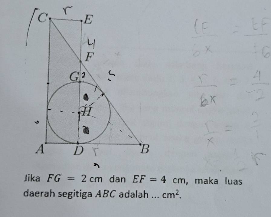 Jika FG=2cm dan EF=4cm , maka luas 
daerah segitiga ABC adalah . cm^2.