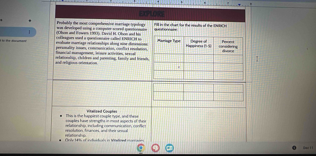 EXPLORE
+ Probably the most comprehensive marriage typology Fill in the chart for the results of the ENRICH
was developed using a computer-scored questionnaire questionnaire:
: (Olson and Fowers 1993). David H. Olson and his
colleagues used a questionnaire called ENRICH to
d to the document evaluate marriage relationships along nine dimensions
personality issues, communication, conflict resolution,
financial management, leisure activities, sexual
relationship, children and parenting, family and friend
and religious orientation.
Vitalized Couples
This is the happiest couple type, and these
couples have strengths in most aspects of their
relationship, including communication, conflict
resolution, finances, and their sexual
relationship.
Only 14% of individuals in Vitalized marriages
Dec 11