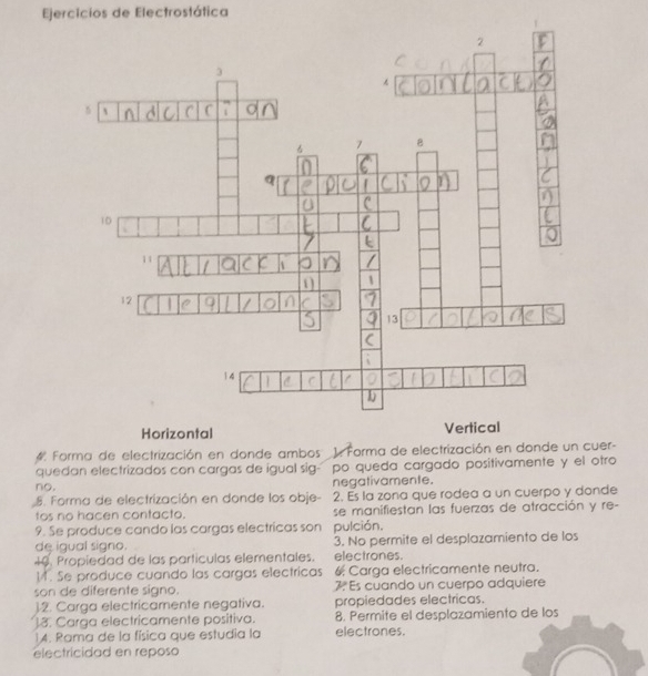 Ejercicios de Electrostática 
# Forma de electrización en donde ambos 1. Forma de electrización en donde un cuer- 
quedan electrizados con cargas de igual sig- po queda cargado positivamente y el otro 
no. negativamente. 
8. Forma de electrización en donde los obje- 2. Es la zona que rodea a un cuerpo y donde 
tos no hacen contacto. se manifiestan las fuerzas de atracción y re- 
9. Se produce cando las cargas electricas son pulción, 
de igual signo. 3. No permite el desplazamiento de los 
4. Propiedad de las particulas elementales. electrones. 
1. Se produce cuando las cargas electricas & Carga electricamente neutra. 
son de diferente signo. 7. Es cuando un cuerpo adquiere 
)2. Carga electricamente negativa. propiedades electricas. 
13. Carga electricamente positiva. electrones 8. Permite el desplazamiento de los 
14. Rama de la física que estudia la 
electricidad en reposo