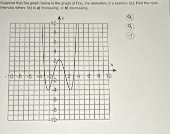 Suppose that the graph below is the graph of f(x) the derivative of a function f(x) Find the open 
Intervals where f(x) is a) increasing, or b) decreasing. 
a 
a