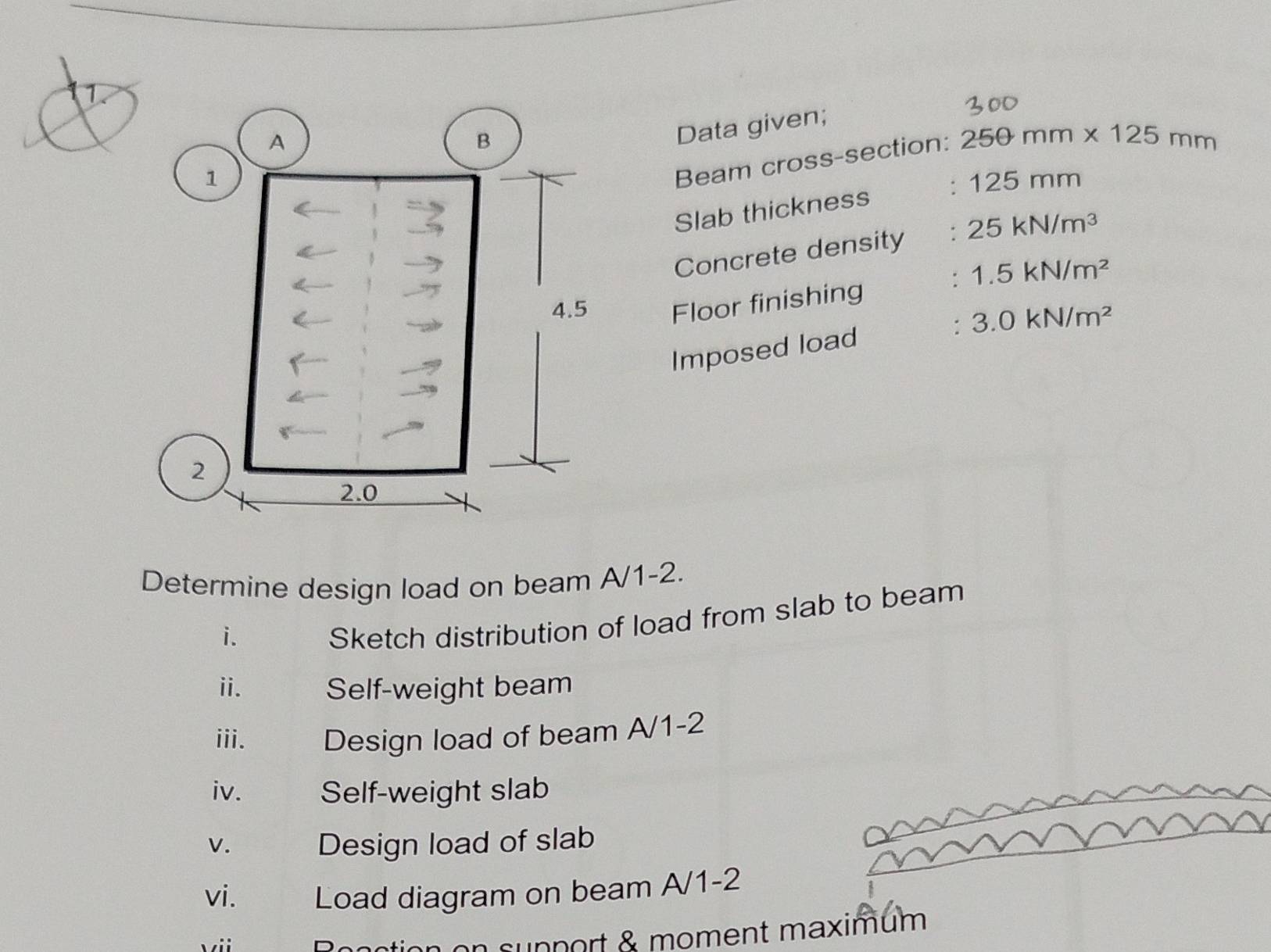 Data given; 
Beam cross-section: 250mm* 125mm
125 mm
Slab thickness . 
Concrete density : 25kN/m^3
: 1.5kN/m^2
Floor finishing 
: 3.0kN/m^2
Imposed load 
Determine design load on beam A/1-2. 
i. 
Sketch distribution of load from slab to beam 
i. Self-weight beam 
iii. Design load of beam A/1-2
iv. Self-weight slab 
v. Design load of slab 
vi. Load diagram on beam A/1-2 
vii 
an sunport & moment maximum