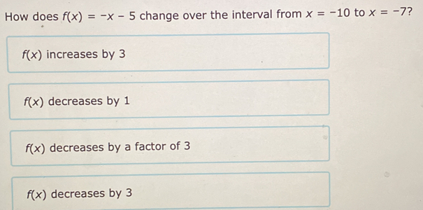 How does f(x)=-x-5 change over the interval from x=-10 to x=-7 ?
f(x) increases by 3
f(x) decreases by 1
f(x) decreases by a factor of 3
f(x) decreases by 3