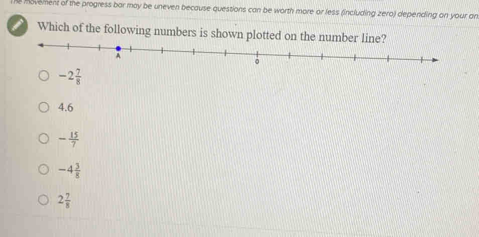 he movement of the progress bar may be uneven because questions can be worth more or less (including zero) depending on your an
Which of the following numbers is shown plotted on the number
4.6
- 15/7 
-4 3/8 
2 7/8 