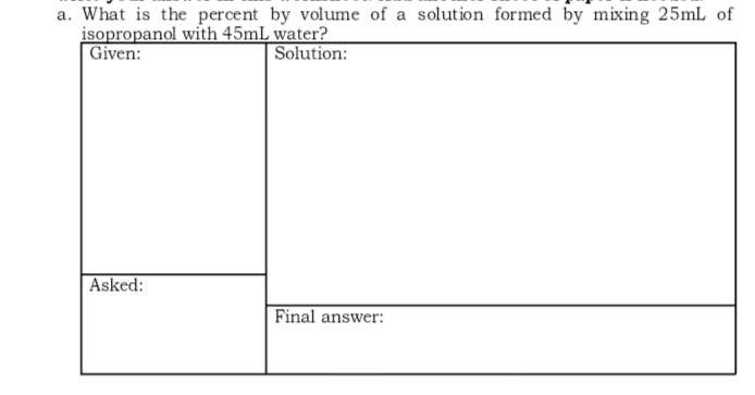 What is the percent by volume of a solution formed by mixing 25mL of