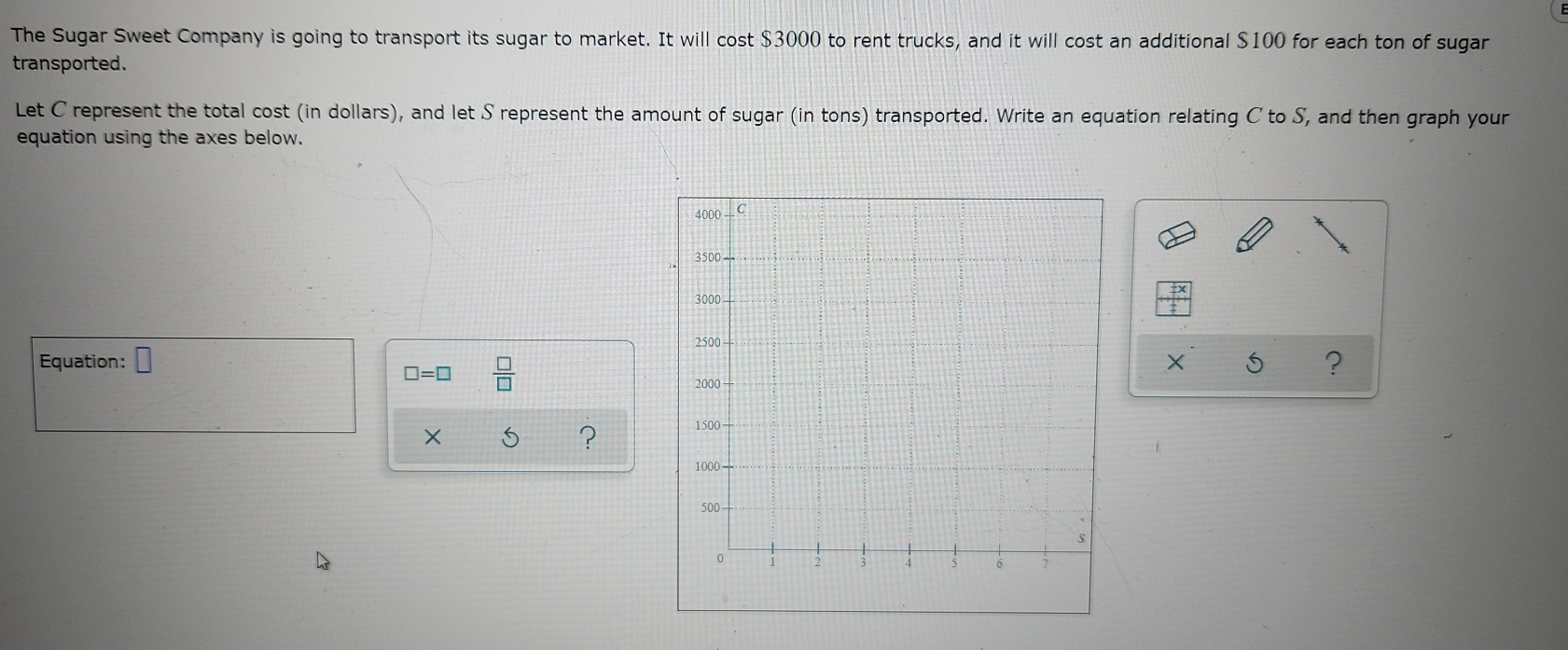 The Sugar Sweet Company is going to transport its sugar to market. It will cost $3000 to rent trucks, and it will cost an additional $100 for each ton of sugar 
transported. 
Let C represent the total cost (in dollars), and let S represent the amount of sugar (in tons) transported. Write an equation relating C to S, and then graph your 
equation using the axes below. 
Equation: □ X ?
□ =□  □ /□  
5 ?