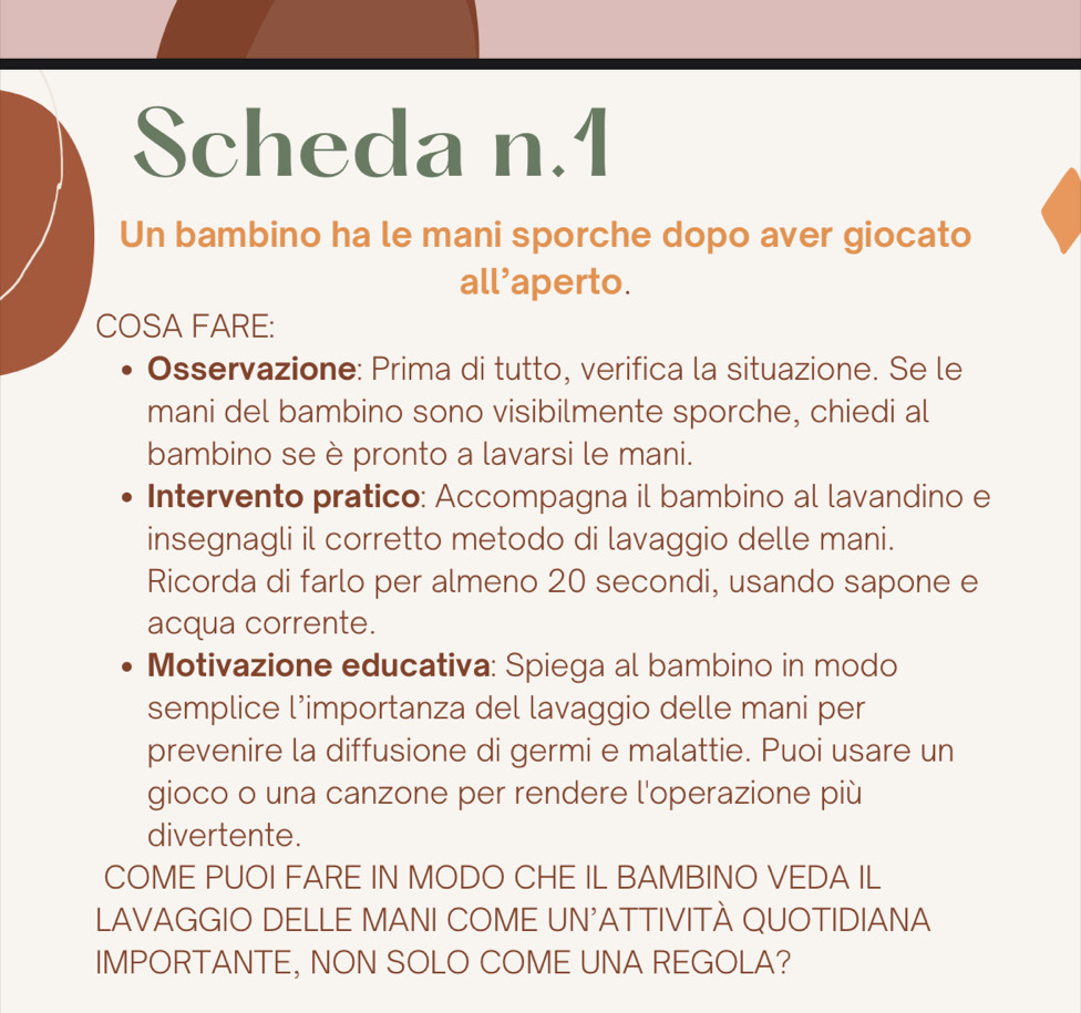 Scheda n.1 
Un bambino ha le mani sporche dopo aver giocato 
all’aperto. 
COSA FARE: 
Osservazione: Prima di tutto, verifica la situazione. Se le 
mani del bambino sono visibilmente sporche, chiedi al 
bambino se è pronto a lavarsi le mani. 
Intervento pratico: Accompagna il bambino al lavandino e 
insegnagli il corretto metodo di lavaggio delle mani. 
Ricorda di farlo per almeno 20 secondi, usando sapone e 
acqua corrente. 
Motivazione educativa: Spiega al bambino in modo 
semplice l’importanza del lavaggio delle mani per 
prevenire la diffusione di germi e malattie. Puoi usare un 
gioco o una canzone per rendere l'operazione più 
divertente. 
COME PUOI FARE IN MODO CHE IL BAMBINO VEDA IL 
LAVAGGIO DELLE MANI COME UN'ATTIVITÀ QUOTIDIANA 
IMPORTANTE, NON SOLO COME UNA REGOLA?