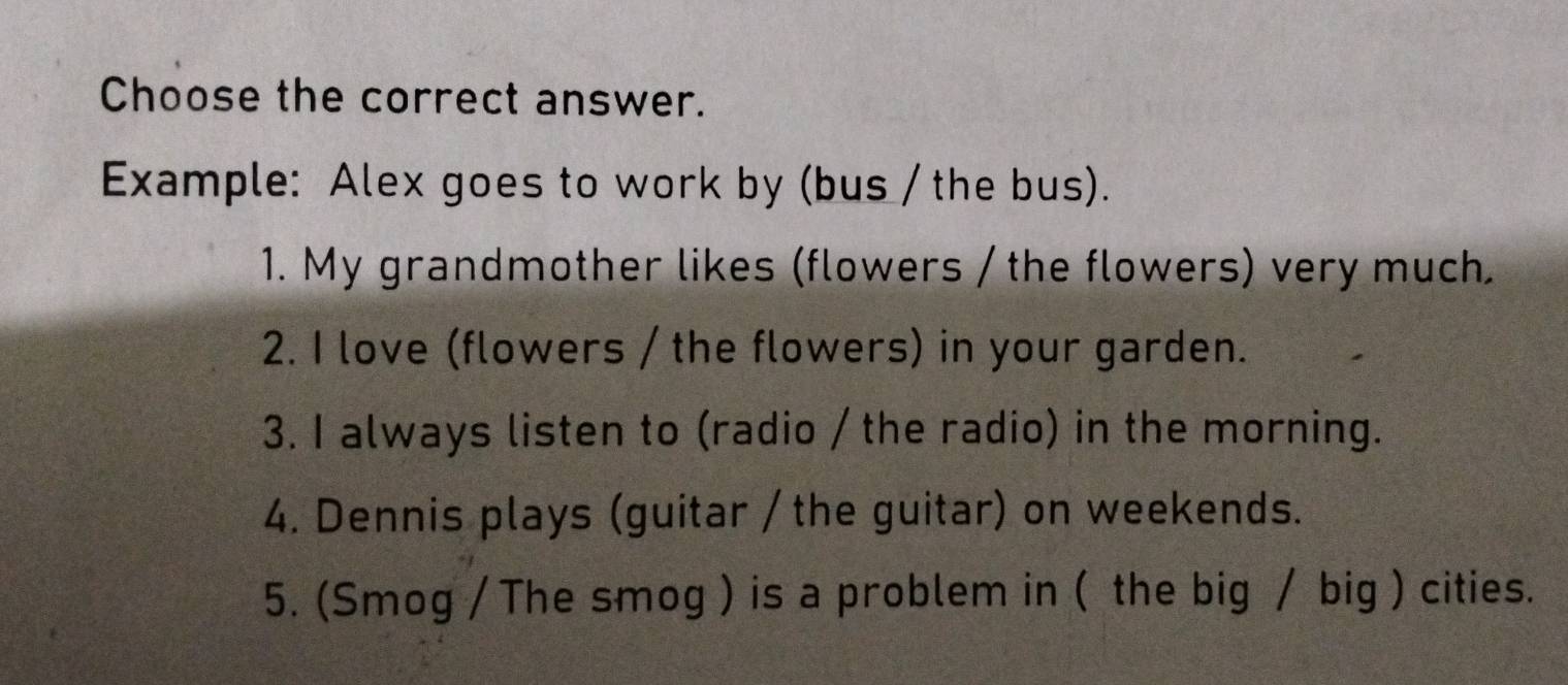 Choose the correct answer. 
Example: Alex goes to work by (bus / the bus). 
1. My grandmother likes (flowers / the flowers) very much. 
2. I love (flowers / the flowers) in your garden. 
3. I always listen to (radio / the radio) in the morning. 
4. Dennis plays (guitar / the guitar) on weekends. 
5. (Smog / The smog ) is a problem in ( the big / big ) cities.