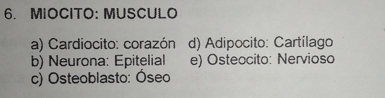 MIOCITO: MUSCULO
a) Cardiocito: corazón d) Adipocito: Cartílago
b) Neurona: Epitelial e) Osteocito: Nervioso
c) Osteoblasto: Óseo