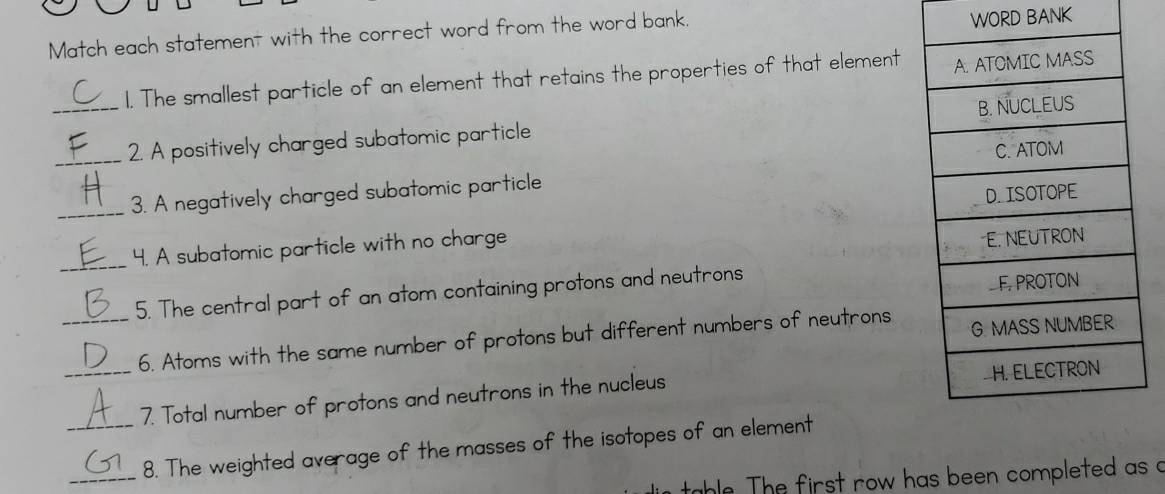 Match each statement with the correct word from the word bank. 
WORD BANK 
1. The smallest particle of an element that retains the properties of that element 
__2. A positively charged subatomic particle 
_3. A negatively charged subatomic particle 
4. A subatomic particle with no charge 
_ 
5. The central part of an atom containing protons and neutrons 
__6. Atoms with the same number of protons but different numbers of neutrons 
7. Total number of protons and neutrons in the nucleus 
__8. The weighted average of the masses of the isotopes of an element 
table. The first row has been completed as a