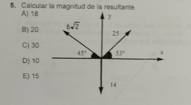 Calcular la magnitud de la resultante.
A) 18
B) 20
C) 30
D) 10
E) 15