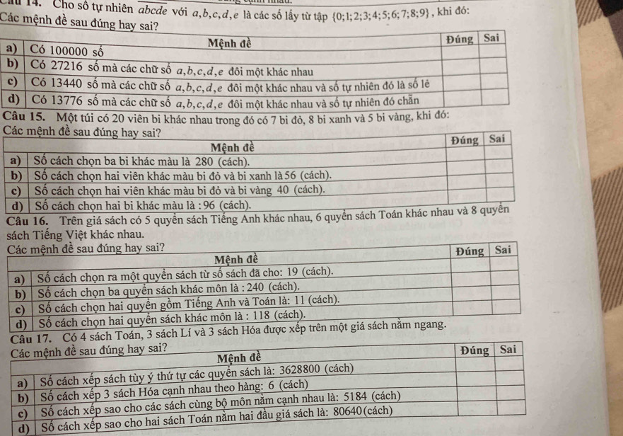 Ch 14. Cho số tự nhiên abcde với a, b, c, d,e là các số lấy từ tập  0;1;2;3;4;5;6;7;8;9 , khi đó: 
Các mệnh đề sau đúng 
ên bi khác nhau trong đó có 7 bi đỏ, 8 bi xanh 
Câu 16. Trên giá sách có 5 quyền sách Tiếng Anh khác nhau, 6 quyền sá 
ác nhau. 
Toán, 3 sách L