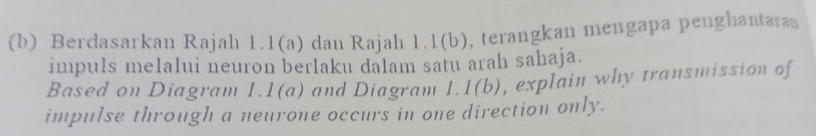 Berdasarkan Rajah 1.1(a) dan Rajah 1.1(b), terangkan mengapa penghantaran 
impuls melalui neuron berlaku dalam satu arah sahaja. 
Based on Diagram 1.1(a) and Diagram 1.1(b), explain why transmission of 
impulse through a neurone occurs in one direction only.