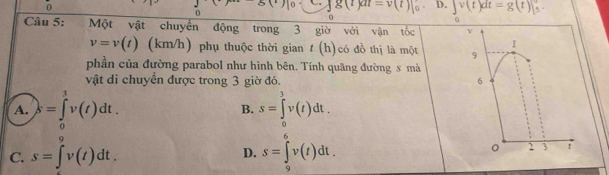 0
0
g(t)at=v(t)|_0^((circ) D. ∈t v(t)dt=g(t)|_5^5. 
Câu 5: Một vật chuyển động trong 3 giờ với vận tốc
v=v(t) (km/h) phụ thuộc thời gian t(h) có đồ thị là một 
phần của đường parabol như hình bên. Tính quãng đường s mà
vật di chuyền được trong 3 giờ đó.
A. )s=∈tlimits _0^3v(t)dt. s=∈tlimits _0^3v(t)dt. 
B.
D.
C. s=∈tlimits ^9)v(t)dt. s=∈tlimits _9^6v(t)dt.