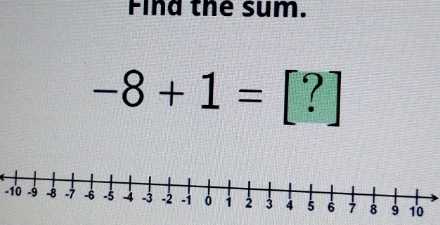 Find the sum.
-8+1= [?]
-10