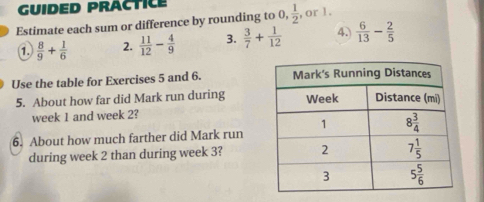 GUIDED PRACTICE
Estimate each sum or difference by rounding to 0 , 1/2  , or 1 .
1.  8/9 + 1/6  2.  11/12 - 4/9  3.  3/7 + 1/12  4.  6/13 - 2/5 
Use the table for Exercises 5 and 6. 
5. About how far did Mark run during
week 1 and week 2?
6. About how much farther did Mark run
during week 2 than during week 3?