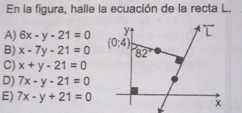 En la figura, halle la ecuación de la recta L.
A) 6x-y-21=0
B) x-7y-21=0
C) x+y-21=0
D) 7x-y-21=0
E) 7x-y+21=0