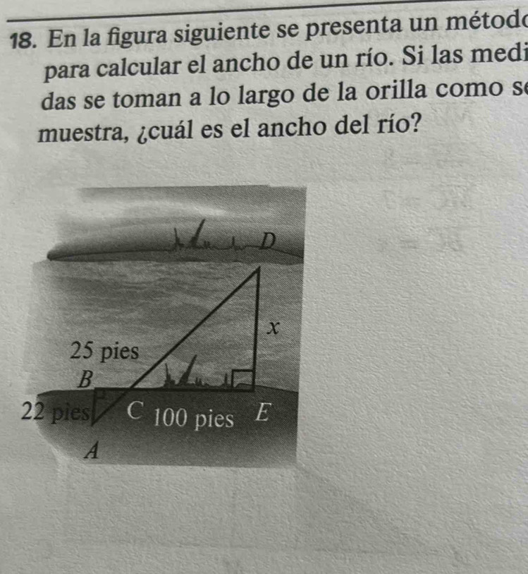 En la figura siguiente se presenta un método 
para calcular el ancho de un río. Si las medi 
das se toman a lo largo de la orilla como s 
muestra, ¿cuál es el ancho del río?