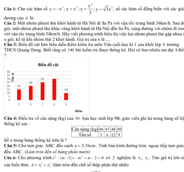 Cho các hàm số y=-x^2;y=x^2;y= x^2/3 ;y=sqrt(2)x^2 , số các hàm số đồng biến với các giá
dương của x là:
Câu 2: Một nhóm phượt thủ khởi hành từ Hà Nội đi Sa Pa với vận tốc trung bình 36km/h. Sau đe
giờ, một nhóm phượt thủ khác cũng khởi hành từ Hà Nội đến Sa Pa, cùng đường với nhóm đi trư
với vận tốc trung bình 54km/h. Hãy viết phương trình biểu thị việc hai nhóm phượt thủ gặp nhau :
x giờ, kể từ khi nhóm thứ 2 khởi hành. Giá trị của x là ....
Cầu 3: Biểu đồ cột bên biểu diễn điểm kiểm tra môn Văn cuối học kì 1 của khối lớp 9 trường
THCS Quang Hưng. Biết rằng có 100 bài kiểm tra được thống kê. Hỏi có bao nhiêu em đạt 8 điể
?
Câu 4: Điều tra về cân nặng (kg) của 30 bạn học sinh lớp 9B, giáo viên ghi lại trong bảng số liệ
thống kê sau :
ố x trong bảng thống kê trên là ?
Câu 5: Cho tam giác ABC đều cạnh a=3,36cm. Tính bán kính đường tròn ngoại tiếp tam giác
đều ABC . (Làm tròn đến số hàng phần mười)
Câu 6: Cho phương trình x^2-(m-1)x-m^2+m-2=0 có 2 nghiệm là x_1,x_2. Tìm giá trị lớn nì
của biểu thức A=x_1^2+x_2^2 (làm tròn đến chữ số thập phân thứ nhất)