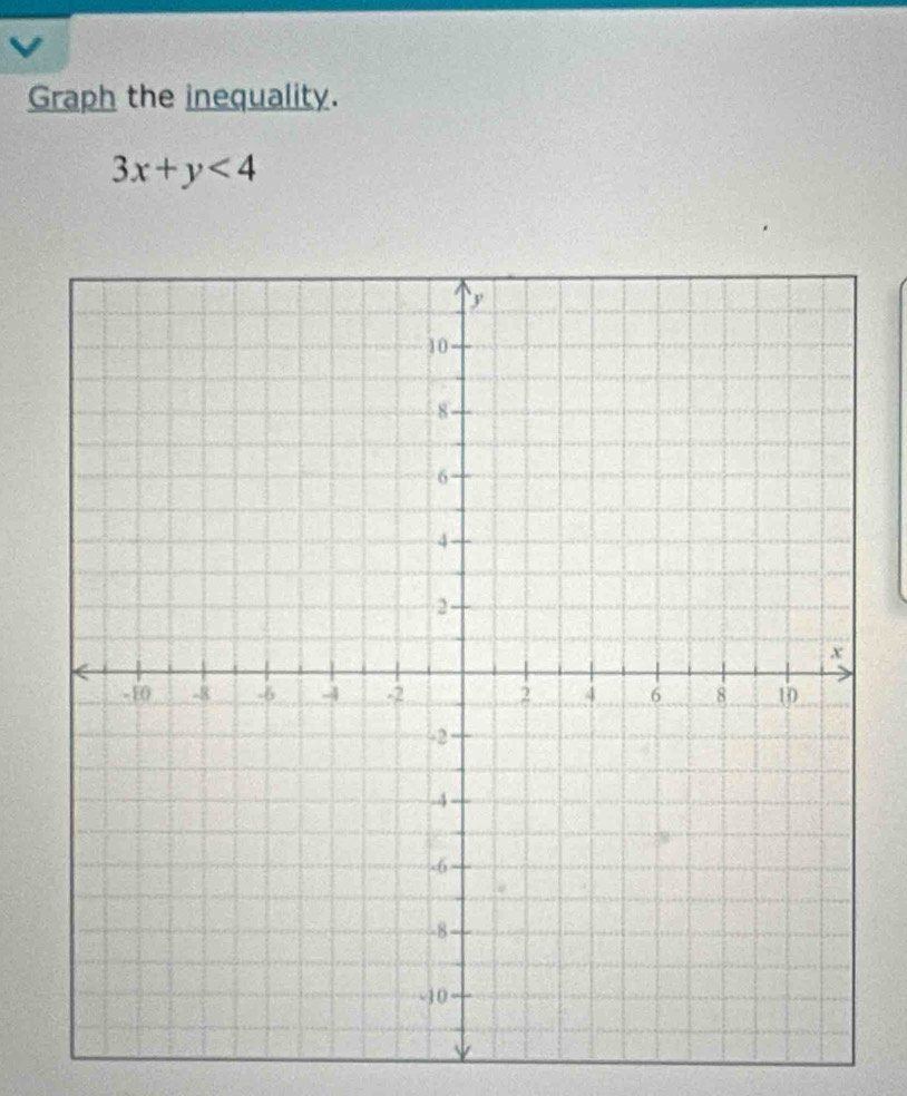 Graph the inequality.
3x+y<4</tex>