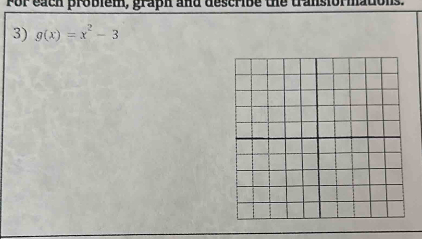 For each problem, graph and describe the transiormations. 
3) g(x)=x^2-3