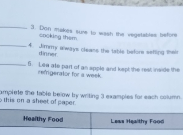 Don makes sure to wash the vegetables before 
cooking them. 
_4. Jimmy always cleans the table before setting their 
dinner. 
_5. Lea ate part of an apple and kept the rest inside the 
refrigerator for a week. 
omplete the table below by writing 3 examples for each column. 
this on a sheet of paper.