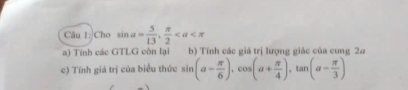 Cho sin a= 5/13 ,  π /2 
a) Tính các GTLG còn lại b) Tính các giá trị lượng giác của cung 2ơ 
c) Tính giá trị của biểu thức sin (a- π /6 ), cos (a+ π /4 ), tan (a- π /3 )