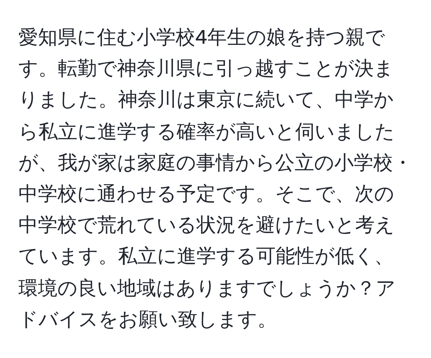 愛知県に住む小学校4年生の娘を持つ親です。転勤で神奈川県に引っ越すことが決まりました。神奈川は東京に続いて、中学から私立に進学する確率が高いと伺いましたが、我が家は家庭の事情から公立の小学校・中学校に通わせる予定です。そこで、次の中学校で荒れている状況を避けたいと考えています。私立に進学する可能性が低く、環境の良い地域はありますでしょうか？アドバイスをお願い致します。