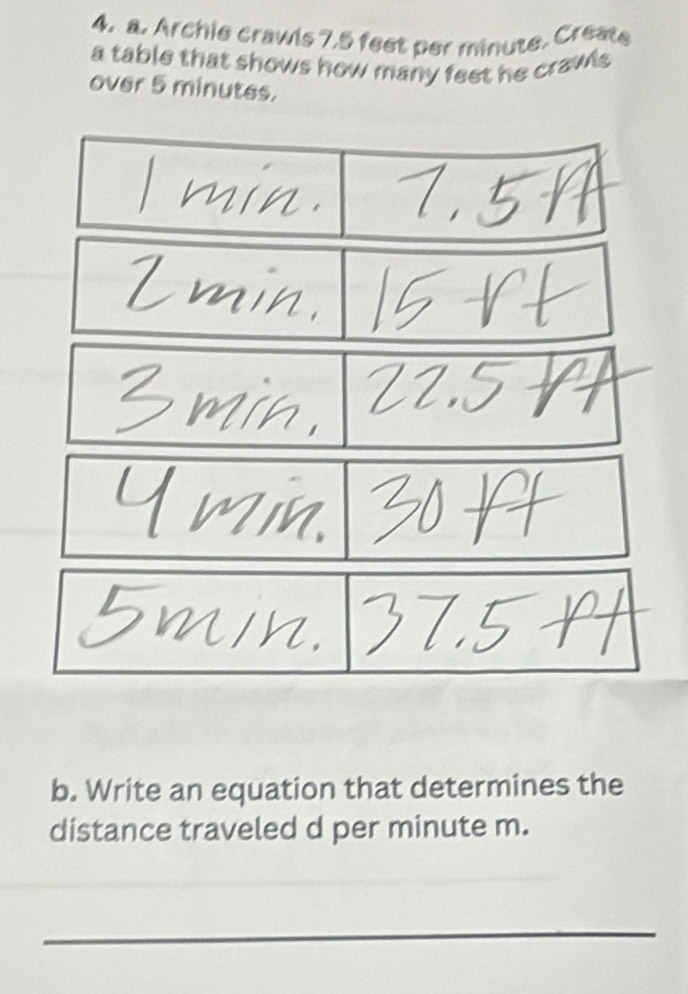 Archie crawls 7.5 feet per minute. Create 
a table that shows how many feet he crawls 
over 5 minutes. 
b. Write an equation that determines the 
distance traveled d per minute m. 
_