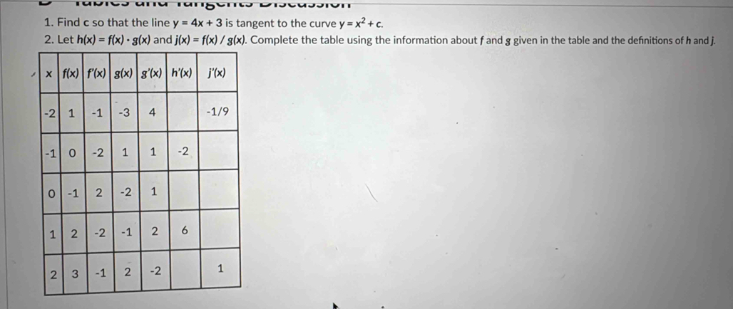 Find c so that the line y=4x+3 is tangent to the curve y=x^2+c.
2. Let h(x)=f(x)· g(x) and j(x)=f(x)/g(x). Complete the table using the information about f and g given in the table and the defnitions of h and j.
