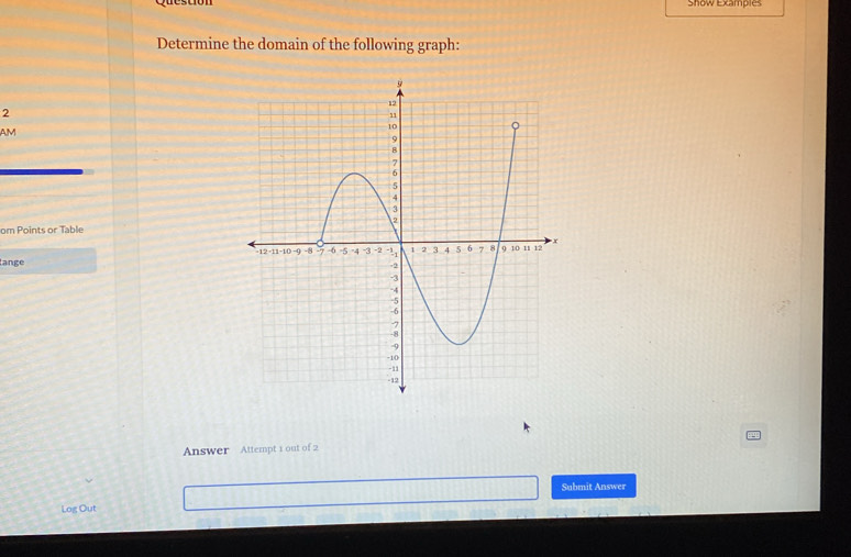 Question Show Examples 
Determine the domain of the following graph: 
2 
AM 
om Points or Table 
lange 
Answer Attempt 1 out of 2 
Submit Answer 
Log Out