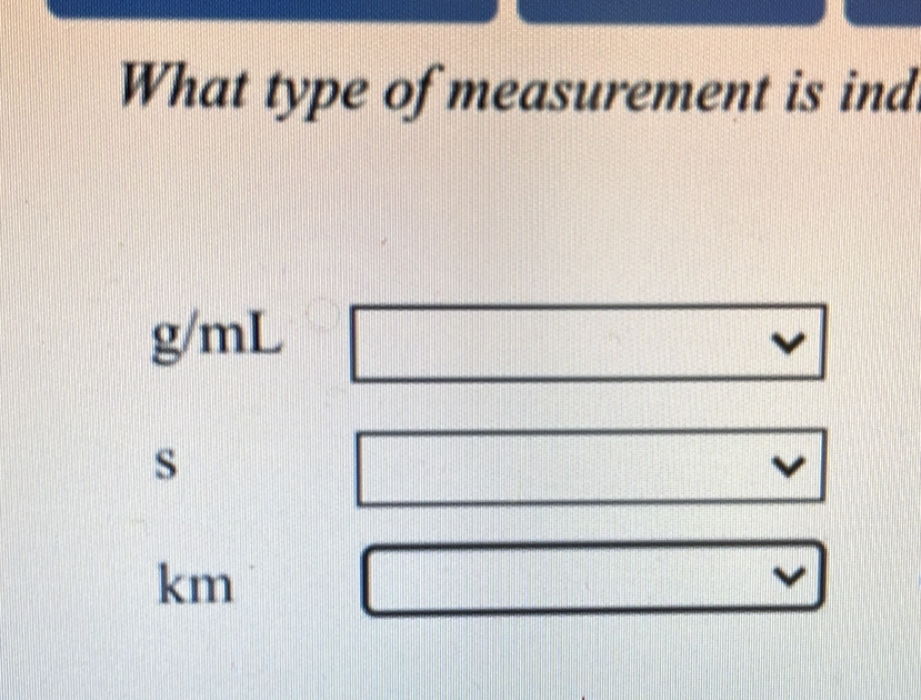 What type of measurement is ind
g/mL
s
km