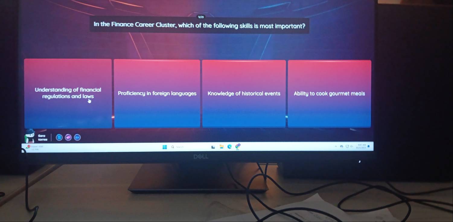 In the Finance Career Cluster, which of the following skills is most important?
Understanding of financial Proficiency in foreign languages Knowledge of historical events Ability to cook gourmet meals
regulations and laws