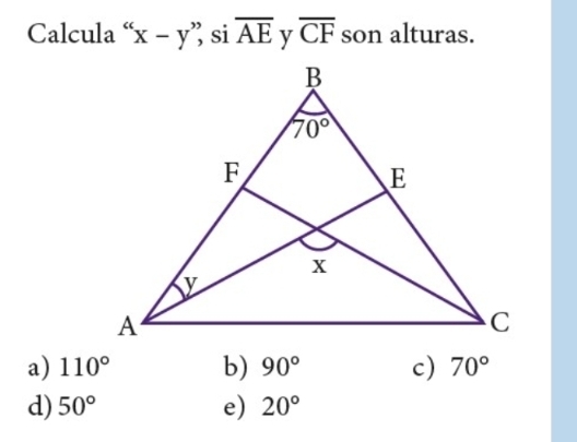 Calcula x-y ” si overline AE overline CF son alturas.
a) 110° b) 90° c) 70°
d) 50° e) 20°