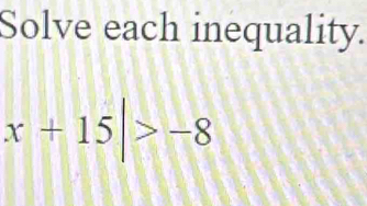 Solve each inequality.
x+15|>-8