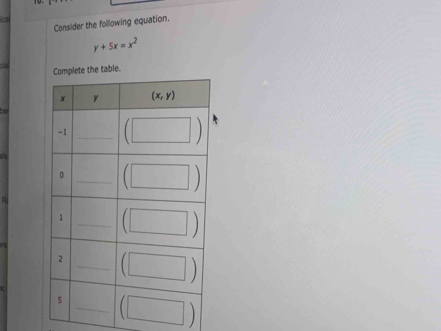 ica
Consider the following equation.
y+5x=x^2
ciall
e the table.
ber
als
R.
5