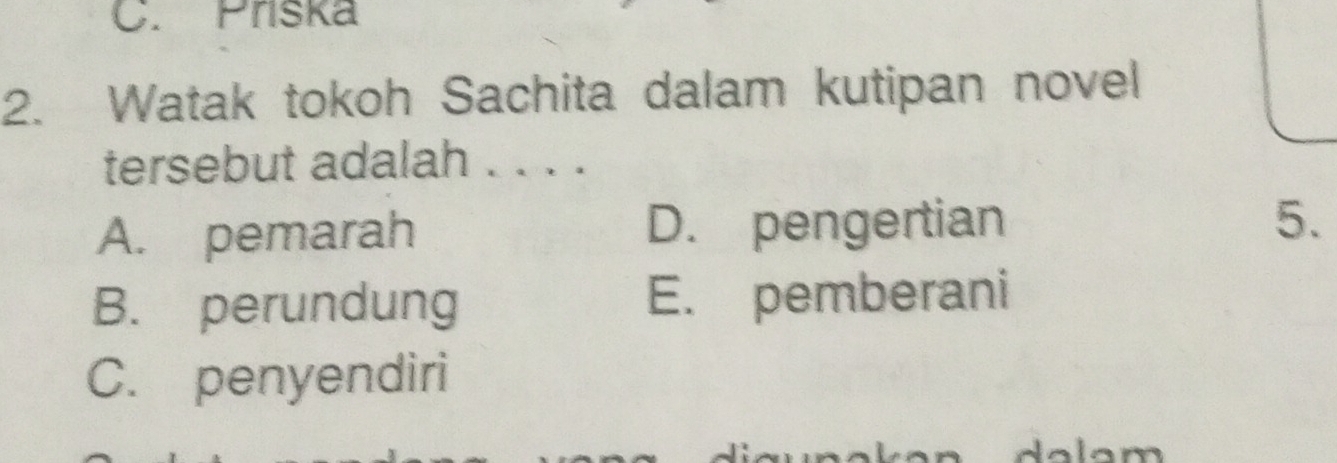 Priska
2. Watak tokoh Sachita dalam kutipan novel
tersebut adalah . . . .
A. pemarah D. pengertian
5.
B. perundung E. pemberani
C. penyendiri
da lam