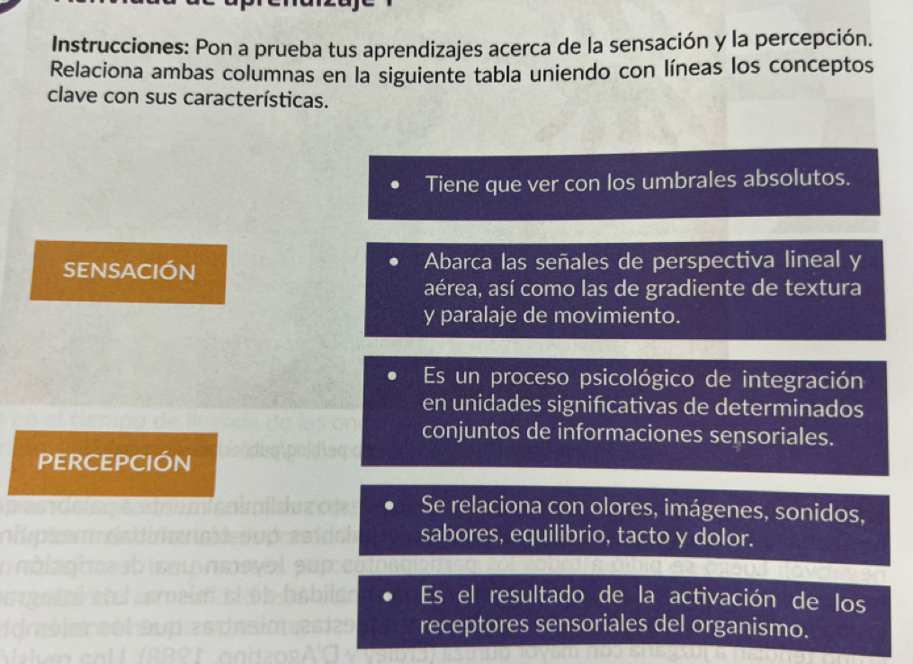 Instrucciones: Pon a prueba tus aprendizajes acerca de la sensación y la percepción.
Relaciona ambas columnas en la siguiente tabla uniendo con líneas los conceptos
clave con sus características.
Tiene que ver con los umbrales absolutos.
sensACIón Abarca las señales de perspectiva lineal y
aérea, así como las de gradiente de textura
y paralaje de movimiento.
Es un proceso psicológico de integración
en unidades signifıcativas de determinados
conjuntos de informaciones sensoriales.
pERCEPCIóN
Se relaciona con olores, imágenes, sonidos,
sabores, equilibrio, tacto y dolor.
Es el resultado de la activación de los
receptores sensoriales del organismo.