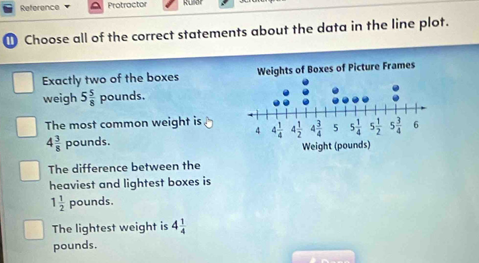 Reference Protractor Ruler
Choose all of the correct statements about the data in the line plot.
Exactly two of the boxes 
weigh 5 5/8  pounds.
The most common weight is
4 3/8  pounds.
The difference between the
heaviest and lightest boxes is
1 1/2  pounds.
The lightest weight is 4 1/4 
pounds.