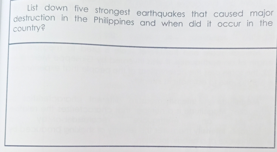 List down five strongest earthquakes that caused major 
destruction in the Philippines and when did it occur in the 
country?