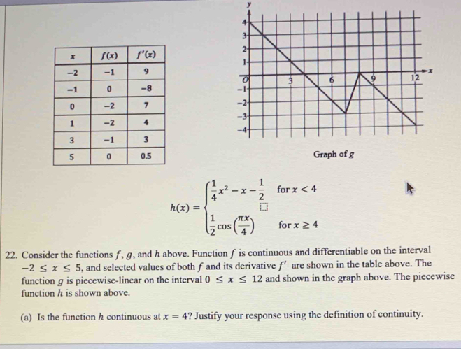 h(x)=beginarrayl  1/4 x^2-x- 1/2   1/2 cos ( π x/4 )endarray. fo x<4x<4</tex>
□ 
for x≥ 4
22. Consider the functions f, g, and h above. Function f is continuous and differentiable on the interval
-2≤ x≤ 5 , and selected values of both f and its derivative f' are shown in the table above. The
function g is piecewise-linear on the interval 0≤ x≤ 12 and shown in the graph above. The piecewise
function h is shown above.
(a) Is the function h continuous at ? Justify your response using the definition of continuity. x=4