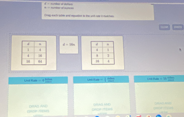 d= number of dollars
n= number of ounces 
Drag each table and equation to the unit rate it matches. 
CLEAR CMECK
d=16n

Unit Rale ter Unit Rate === 4 Unil Rate =16 M1 
DRAG ÁND DRAG AND DRAG AND 
DOPEMS DROP ITEMS DROP ITEMS ne at